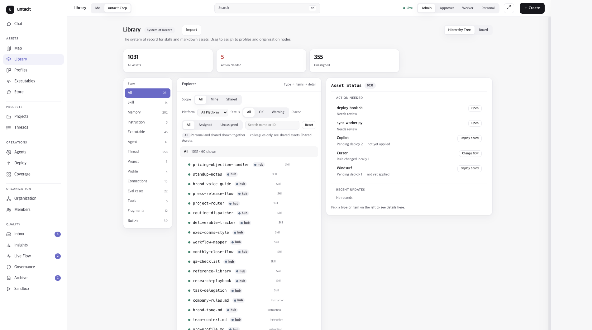 untactit — asset library with 1,025 assets inventoried across vendors
